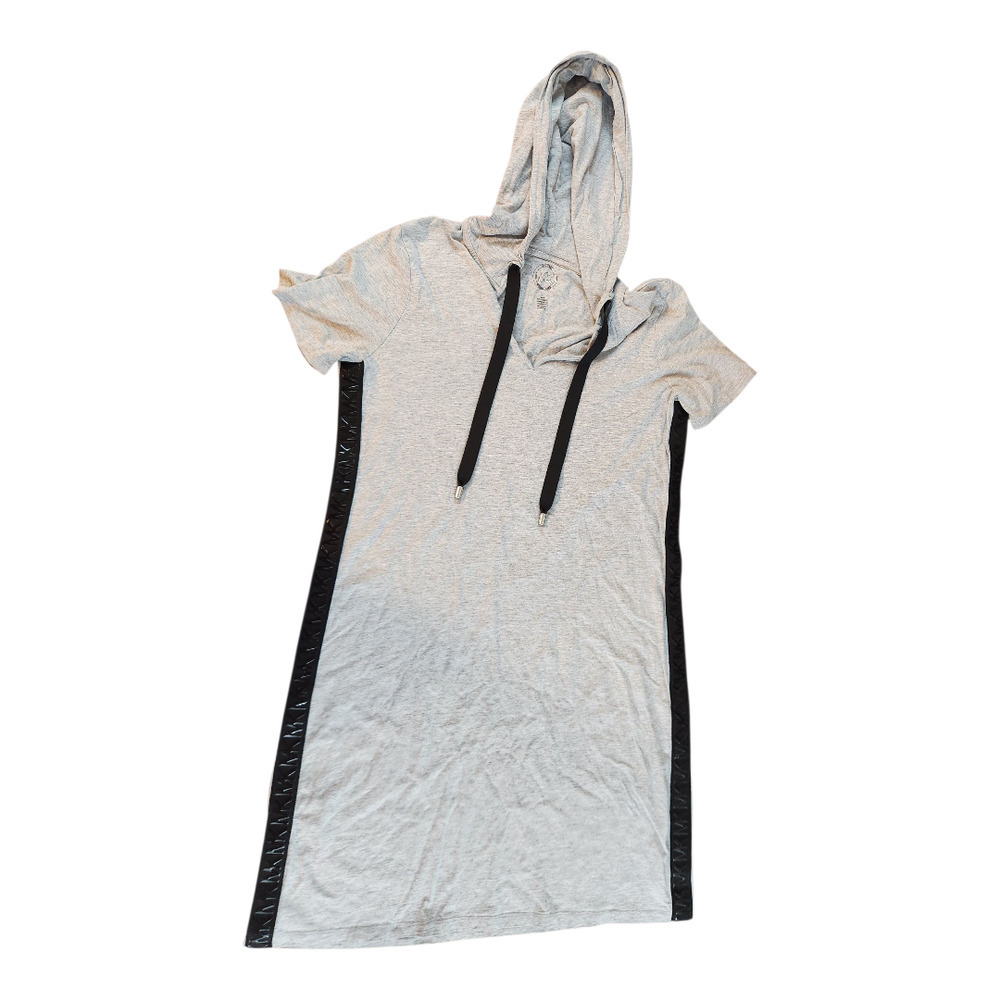 Michael Kors sz large t-shirt dress‎ hood gray black Rubber MK logo tape v-neck